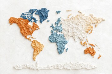 Stylized world map formed with leaf textures combining ecological elements and geographical forms in warm tones representing global sustainability concept and environmental design balance