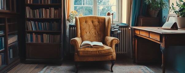 A comfortable armchair next to a desk, perfect for reading and unwinding