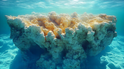Fototapeta premium An underwater view showcases a large intricate coral formation under sunlight filtering through turquoise water