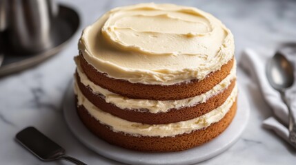 A set of cake layers with a smooth frosting spread on top, surrounded by a cake scraper and a spoon.