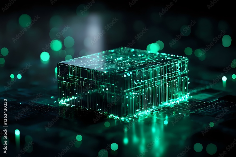 Poster glowing green microchip with digital light effects on dark background, futuristic technology concept