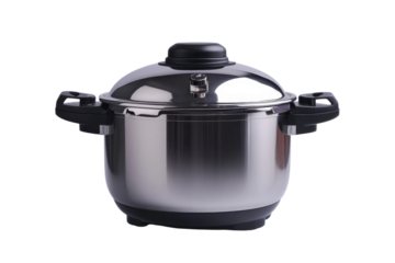 A gleaming stainless steel pressure cooker waiting for flavorful recipes to be created against a striking deep black backdrop and sharp studio lighting