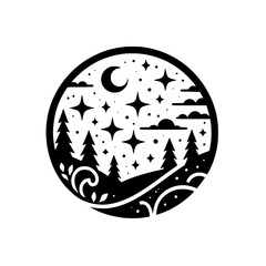Silhouette of a moonlit forest scene within a circular frame, featuring stylized stars, clouds, trees, and a crescent moon.