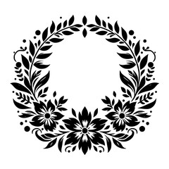 Intricate Black and White Floral Wreath Design: Elegant and Circular Composition Featuring Detailed Flowers, Leaves, and Dots.