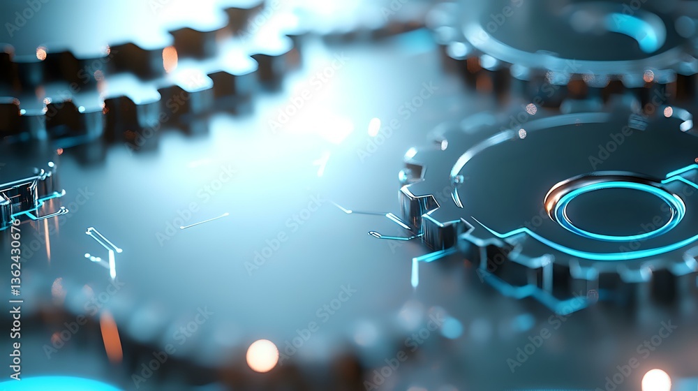 Poster futuristic mechanical gears with glowing blue light effects against dark background create dynamic t