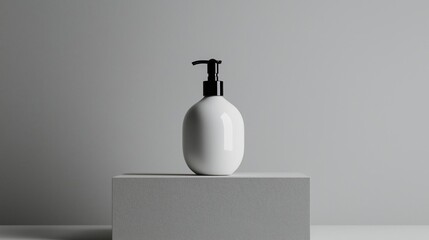 White ceramic bottle with a black pump dispenser on top. the bottle is placed on a grey square-shaped pedestal against a plain grey background.
