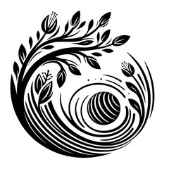 A stylized black and white circular illustration of a blossoming tree intertwined with swirling lines around a central spherical element, evoking a sense of harmony and growth.