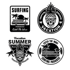Surfing and summer vacation set of vintage emblems with tropical beach, waves, surfboards, palm trees, and sunsets. Perfect for t-shirts, and retro style designs