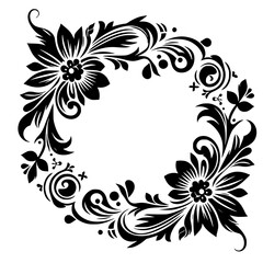 Elegant Black and White Floral Frame Design featuring symmetrical flower blossoms, intricate leaf and swirl elements, creating a decorative and stylized aesthetic.
