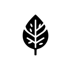 Minimalist Black Leaf Icon on White Background, featuring a stylized, symmetrical design with veins and holes, exuding a modern, nature-inspired aesthetic.