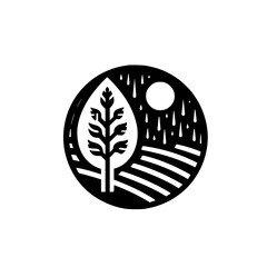 A minimalist black and white circular logo of a tree with a leaf-shaped silhouette, symbolizing growth and nature, with a sun and rain over the field.