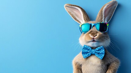 Fluffy easter bunny with cool sunglasses and a bow tie, isolated on a vibrant blue background, offering space for personalized holiday greetings
