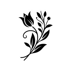 Elegant Black and White Floral Illustration: A Detailed Depiction of a Tulip and Accompanying Foliage, Showcasing Graceful Curves and Leaf Forms.