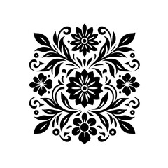 Symmetrical Black and White Floral Ornament: Detailed Vector Illustration with Flourishes, Leaves, and Blossoms on a White Background.