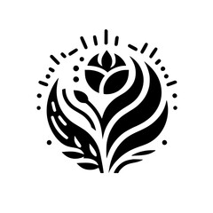 Elegant Black and White Floral Logo Design: Depicting a Stylized Rose Surrounded by Organic Leaves, Dotted Ornaments, and Radiant Lines within a Circular Composition.