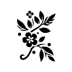 An elegant black and white floral design with stylized flowers, leaves, and decorative elements, creating a graceful and balanced composition.
