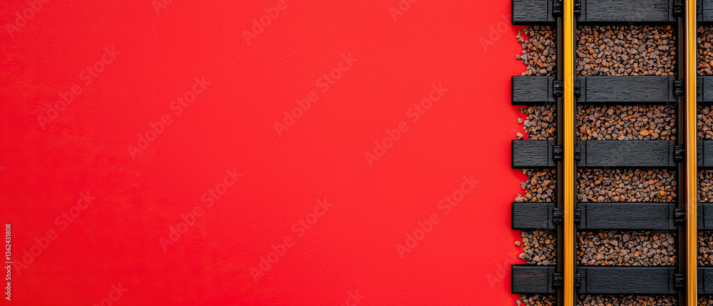 Poster aerial view of train tracks on vibrant red background, showcasing abstract patterns and textures wit