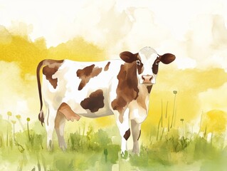 Watercolor Background Featuring a Single Holstein Cow with Smooth Yellow and Green Strokes