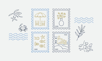 A collection of modern vector-style postage stamp illustrations featuring hand-drawn coastal and Mediterranean-themed sketches, easily editable.