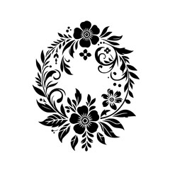 A symmetrical, black and white floral wreath design featuring stylized flowers, leaves, and swirling flourishes, set against a clean white background, evoking elegance.