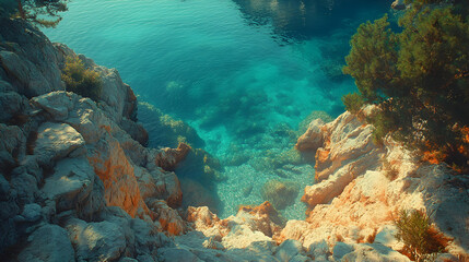 Fototapeta premium Azure waters meet rugged sun-kissed cliffs revealing a clear inviting sea floor in a serene coastal paradise