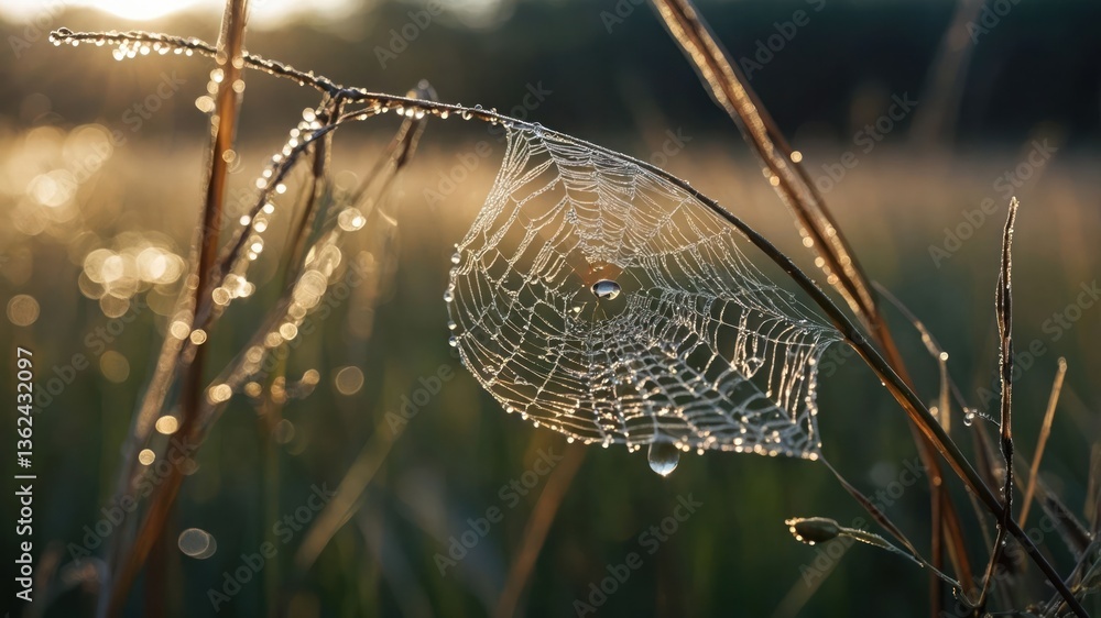 Poster a close-up of a dew-covered spider web on grass, illuminated by soft morning light.