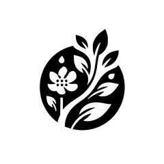 Monochromatic Floral Emblem: A stylized illustration of a blooming flower and leaves, contained within a dark circle, against a clean white backdrop.