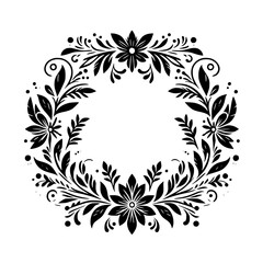 Intricate Black and White Floral Wreath Composition, Circular Design with Leaves, Petals, and Decorative Dots on a Plain White Background.