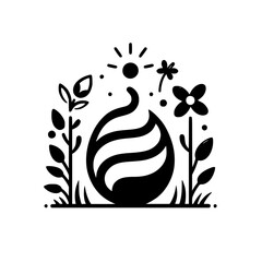 Black and White Nature Illustration: Stylized Egg Shape with Flowers, Leaves, and a Sun Motif on a White Background.
