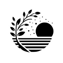 A minimalist black and white emblem featuring a stylized plant, a sun, and a striped horizon within a circular frame, suggestive of growth and serenity.