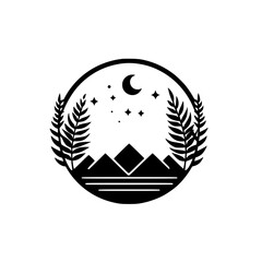 Minimalist Monochromatic Circular Design: Nighttime Landscape with Mountains, Moon, Stars, Ferns & Water, Encased in a Simple Graphic