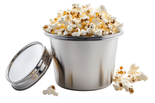 A movie night dream overflowing with buttery popcorn ready for sharing a silver metal tin adds sleekness against a stark black backdrop with soft studio light
