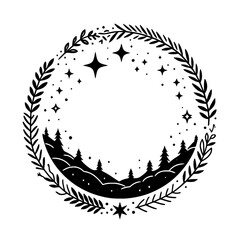 Celestial Wreath Illustration: A monochromatic, circular design depicting a night forest silhouette ringed by leaves and stars, evoking a sense of wonder.
