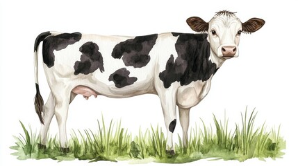 Cute Happy Smiling Cow with Black and White Spots on Green Grass in Watercolor Style