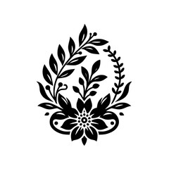 Elegant Black and White Floral Motif: An ornate floral design featuring a central flower, surrounded by leaves and botanical elements, within a teardrop-shaped composition, isolated on a clean white b