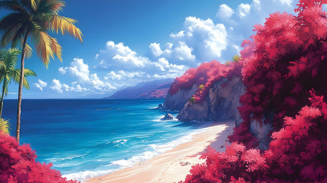 Beautiful beach with clear blue water a sandy shore palm trees red foliage and a cloudy sky creating a serene seasc