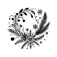 Intricate black and white circular winter design, featuring stylized botanical elements including pine needles, berries, and snowflakes, perfect for seasonal decor.