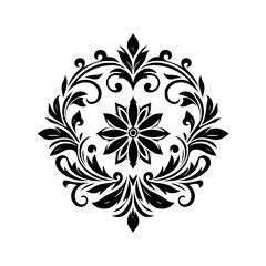 Intricate black and white circular floral ornament, composed of stylized leaves, swirls, and a central stylized flower with a contrasting white background, showcasing a symmetrical design.