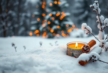 Scented cinnamon candle nestled in snowy landscape, hygge, winter
