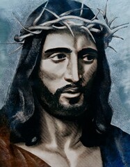 Una representaci&oacute;n solemne de Jes&uacute;s llevando una corona de espinas.