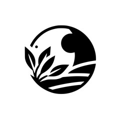 A minimalist black and white circular logo featuring a stylized wave, leaves, and a dot, suggesting nature and serenity.