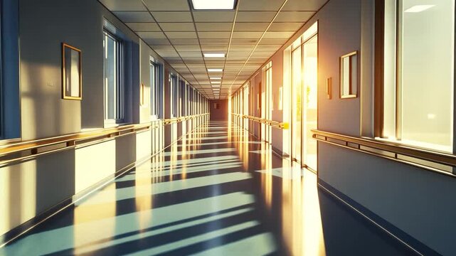 Sunlit perspective of a seemingly endless hospital hallway with parallel rooms
