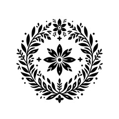A symmetrical monochrome floral wreath design with layered petal shapes, leaves, dots, and flower motifs, creating a harmonious, ornamental arrangement on a stark white backdrop.