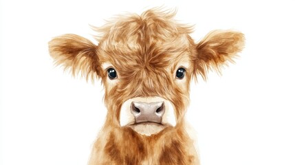 Watercolor painting of a close-up of a cute Highland cow in neutral colors isolated against a white background