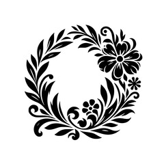 An Elegant Black Floral Wreath Design with Detailed Leaves and Flowers, Encircled on a White Background.