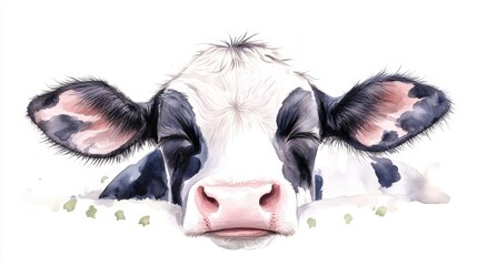 Hand drawn smiling cow cartoon with closed eyes on isolated white background illustration