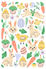 Happy Easter vertical poster with bunny and different elements. Greeting hand drawn card on white background. Flat illustration with partial outline. Isolated vector illustration.