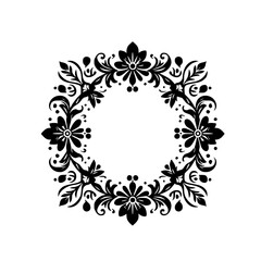 A symmetrical, black and white floral design, arranged in a square frame encircling a blank space, with elegant curves and detailed leaves.