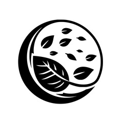 A minimalist black and white circular logo design featuring a large, detailed leaf surrounded by smaller floating leaf shapes, representing nature.