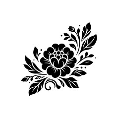 Elegant Black and White Floral Design: A stylized peony with leaves and buds, creating a classic and decorative graphic on a plain white background. © MatandSterre